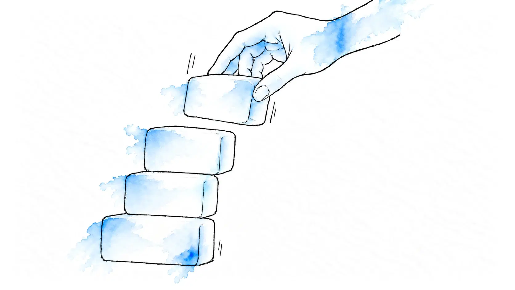 Illustratie van een hand die een blok op een stapel plaatst