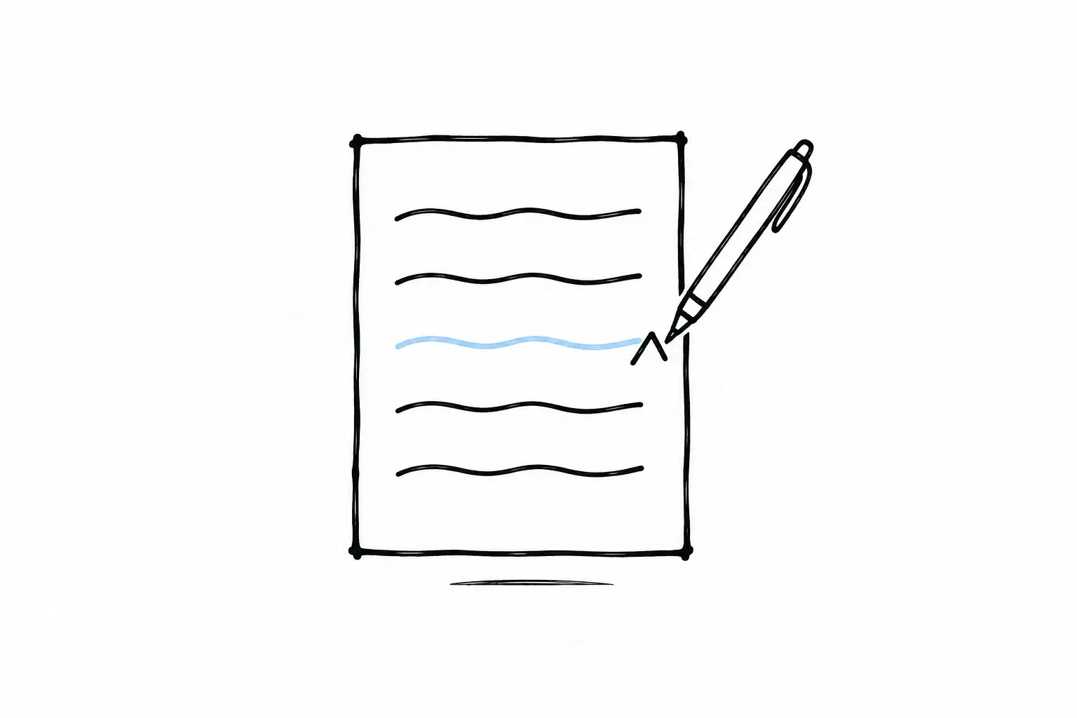 Illustratie van een vel met tekstregels waarvan één lichtblauw is, met een pen die er een correctieteken naast zet