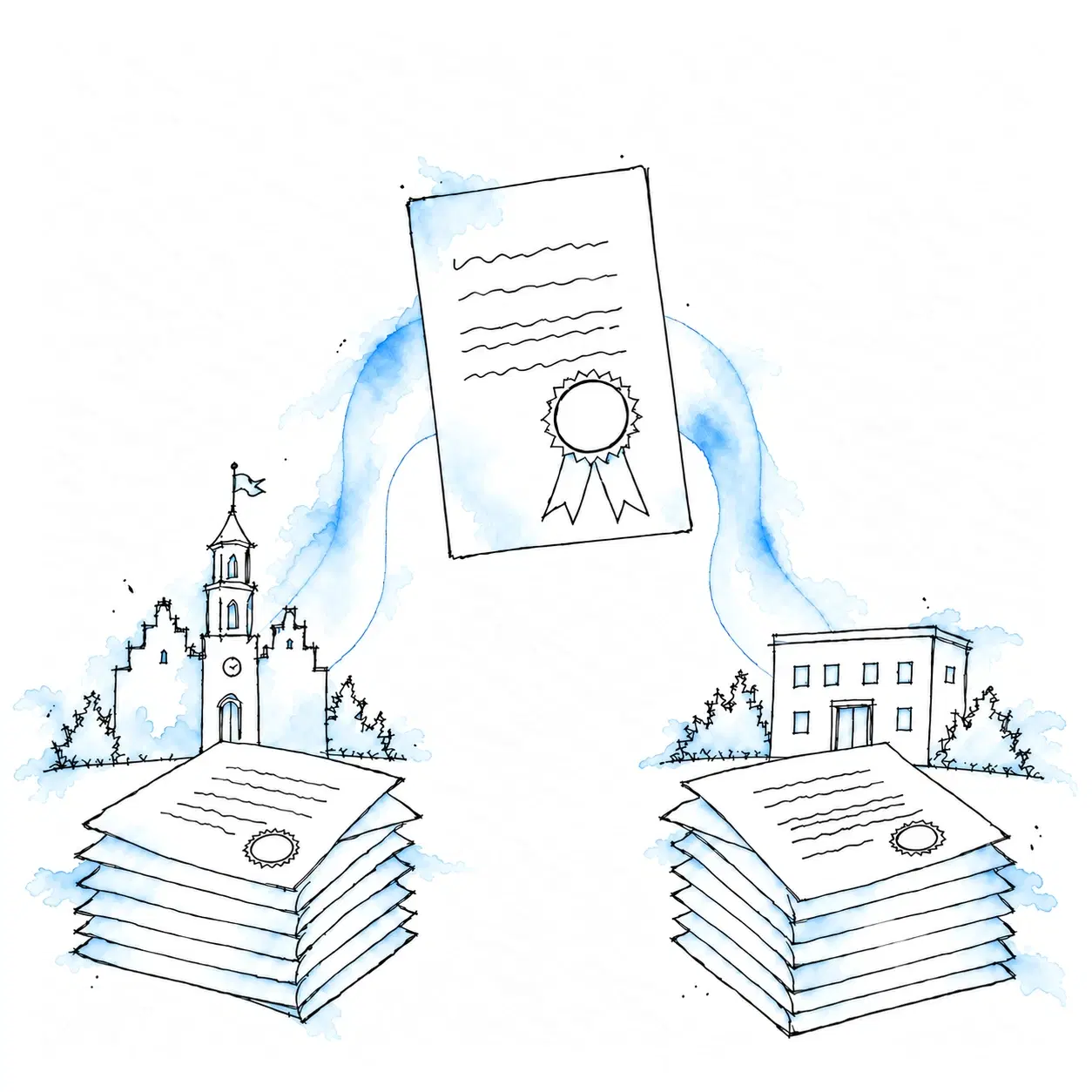 Illustratie van twee even hoge stapels gestempelde formulieren, links met een gemeentehuis erachter en rechts met een aanbiederpand, waaruit één doorlopende blauwe band omhoog loopt en in het midden samenkomt bij een vel met een groot zegel