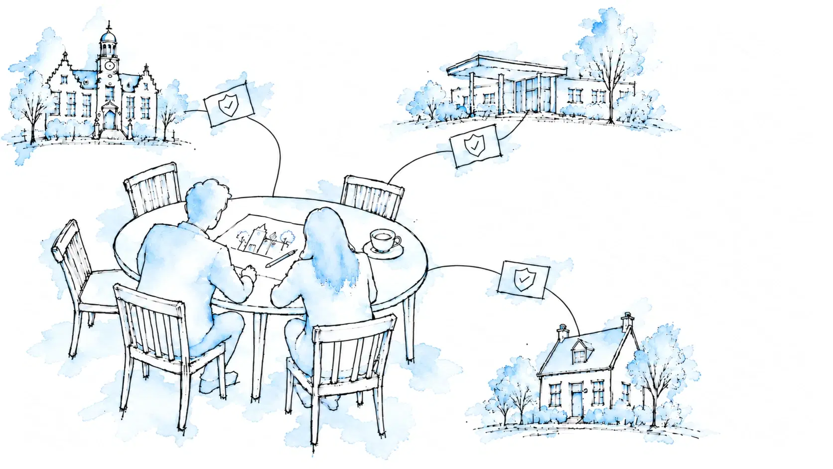 Illustratie van twee mensen die van achteren gezien aan een ronde tafel over een schets gebogen zitten, met lijnen naar een gemeentehuis, een zorgpand en een woonhuis waarlangs kaartjes met een vinkje terugkomen