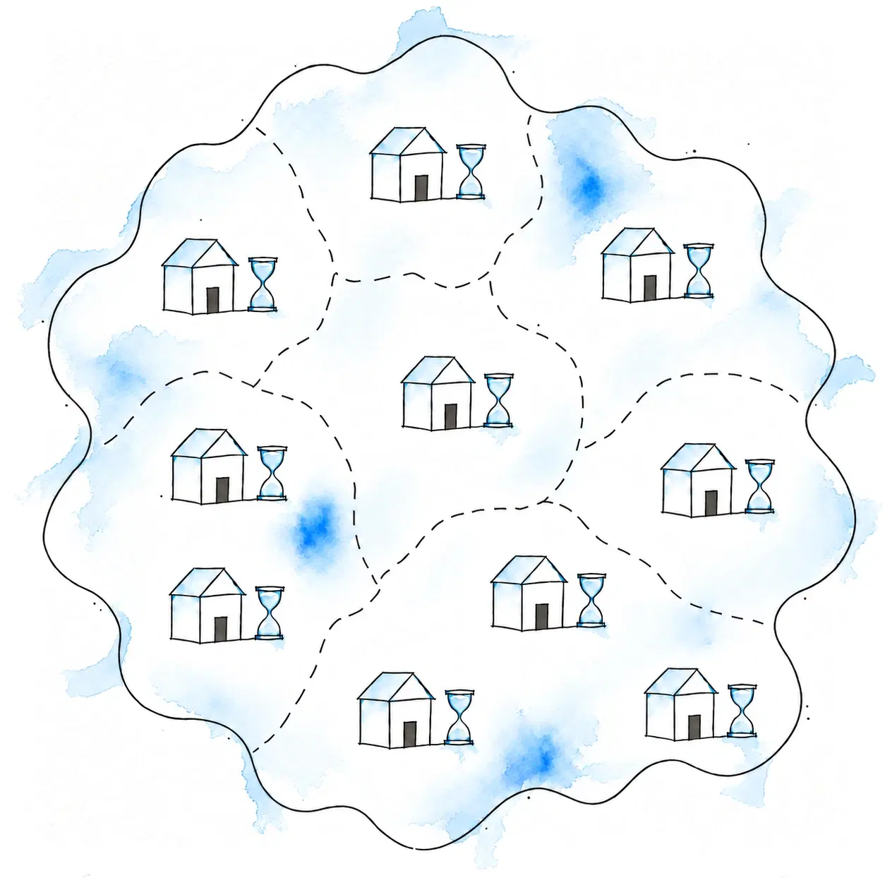 Illustratie van een regio als blauwe aquarelvlek met gestippelde gemeentegrenzen, waarin tien aanbieders staan met elk een zandloper voor de wachttijd