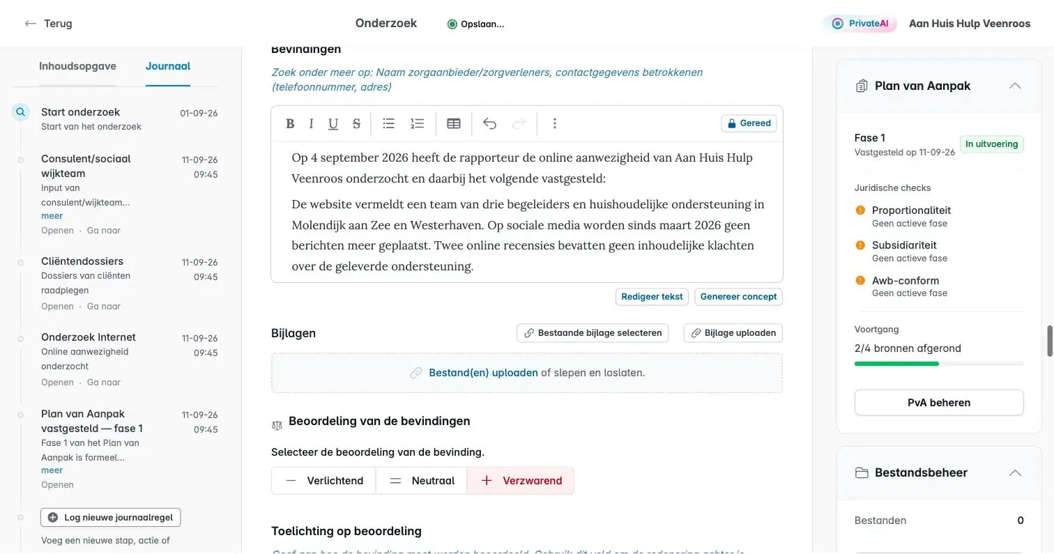 Onderzoeksbron internetonderzoek met bevindingen, bijlagen en de beoordeling verlichtend, neutraal of verzwarend, met links het journaal van het onderzoek