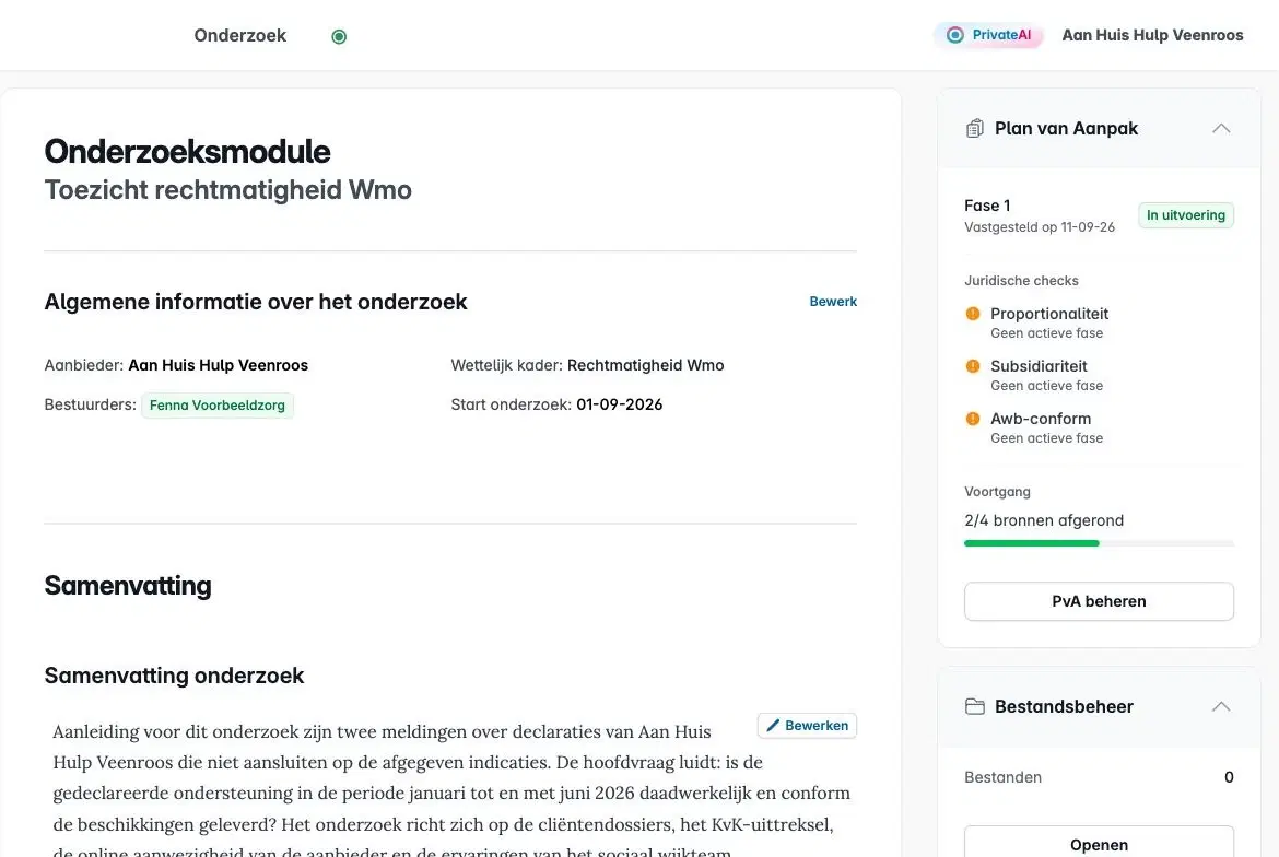 Onderzoeksmodule met algemene informatie over een rechtmatigheidsonderzoek en de samenvatting, naast het plan van aanpak